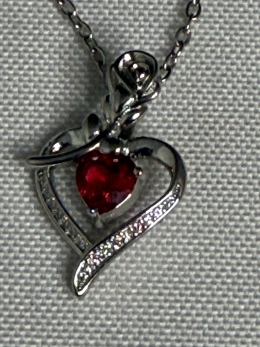 Sterling Silver Heart Pendant Necklace with Red Ruby stone and rhinestones